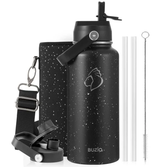 Buzio Duet Series Water Bottle with 2 Lids and Sleeve 1L - Starry Black